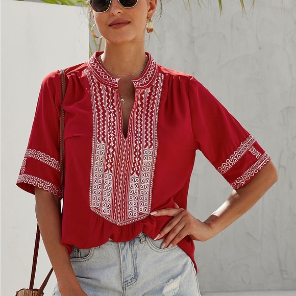 Tops - Embroidered Red Women's Top